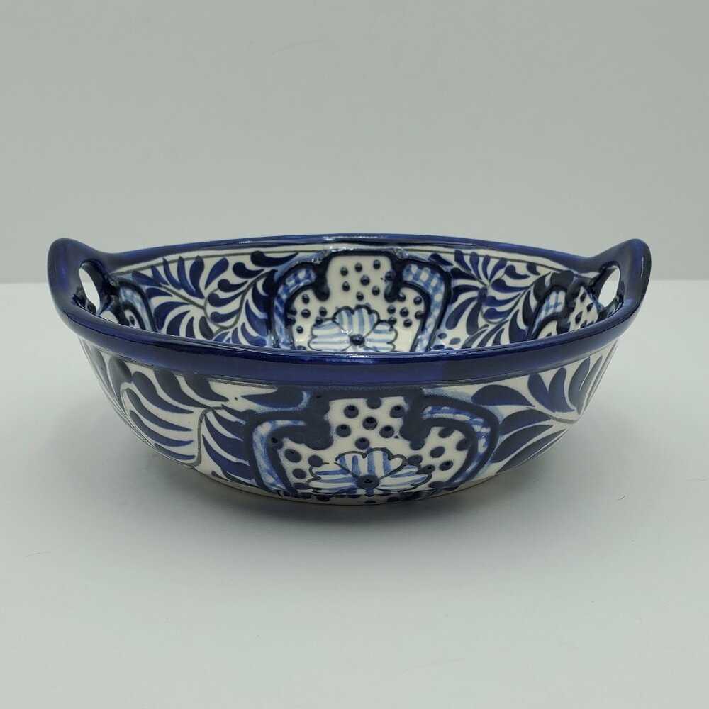 Mexican Handled Bowl Made in Mexico Blue & White Serving Candy Trinket Dish